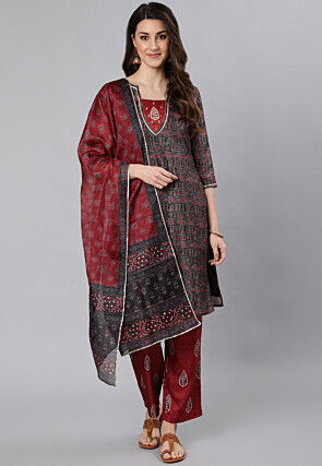 Warli Printed Art Silk Pakistani Suit in Black