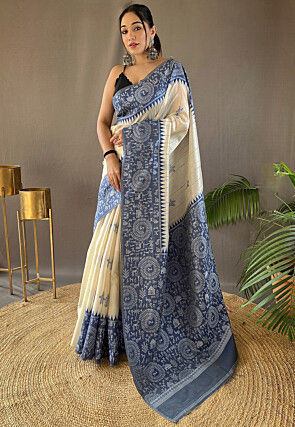 Warli Printed Art Silk Saree in Cream and Blue