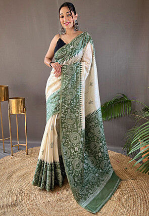 Warli Printed Art Silk Saree in Cream and Green