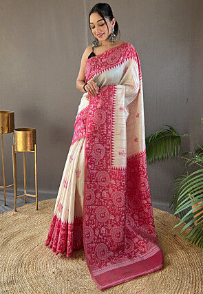 Warli Printed Art Silk Saree in Cream and Pink