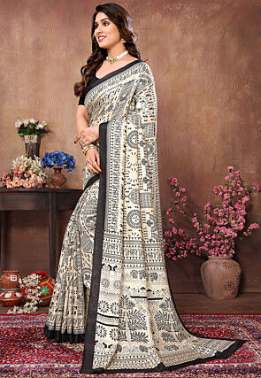 Warli Printed Art Silk Saree in Cream