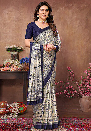 Warli Printed Art Silk Saree in Cream