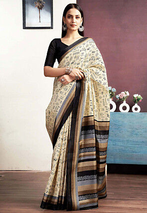 Warli Printed Bhagalpuri Silk Saree in Light Beige