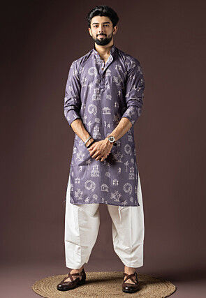 Warli Printed Cotton Kurta Set in Dark Purple