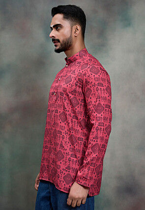 Warli Printed Cotton Short Kurta in Pink