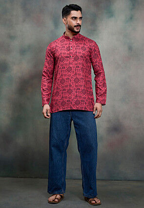 Warli Printed Cotton Short Kurta in Pink