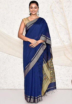 Warli Printed Cotton Silk Saree in Navy Blue