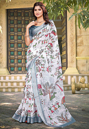 Warli Printed Linen Cotton Saree in Off White