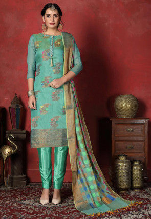 Woven Chanderi Silk  Pakistani Suit in Turquoise