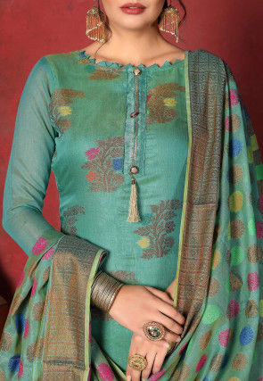 Woven Chanderi Silk  Pakistani Suit in Turquoise