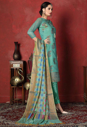 Woven Chanderi Silk  Pakistani Suit in Turquoise