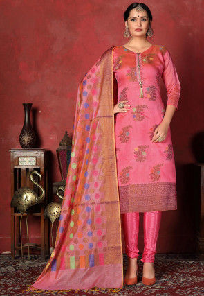Woven Chanderi Silk  Straight Suit in Coral Pink