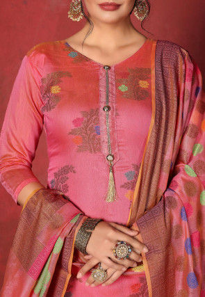 Woven Chanderi Silk  Straight Suit in Coral Pink