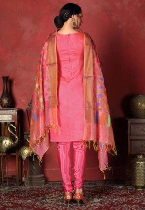 Woven Chanderi Silk  Straight Suit in Coral Pink