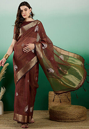 Woven   Organza Saree in Brown