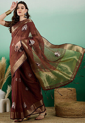 Woven   Organza Saree in Brown