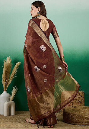 Woven   Organza Saree in Brown