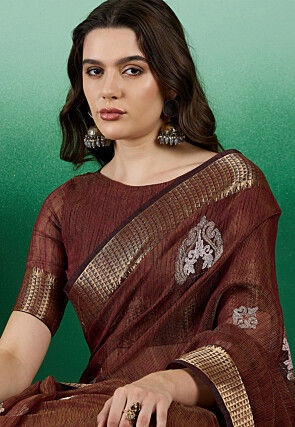 Woven   Organza Saree in Brown