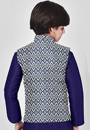 Woven Art Banarasi Silk Nehru Jacket in Beige and Blue