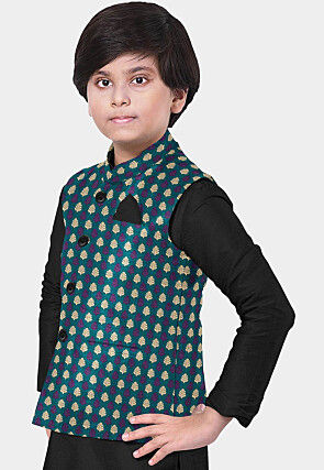 Woven Art Banarasi Silk Nehru Jacket in Teal Green