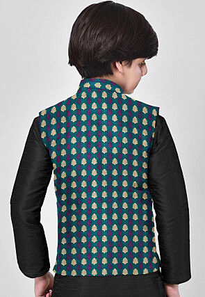 Woven Art Banarasi Silk Nehru Jacket in Teal Green