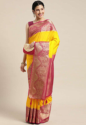 Woven Bangalore Silk Saree in Dark Yellow
