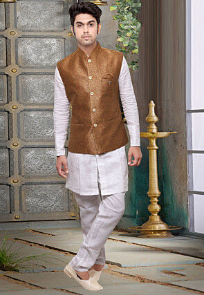 Woven Art Brocade Silk Nehru Jacket in Golden
