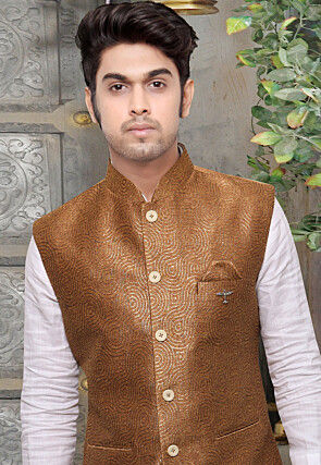 Woven Art Brocade Silk Nehru Jacket in Golden