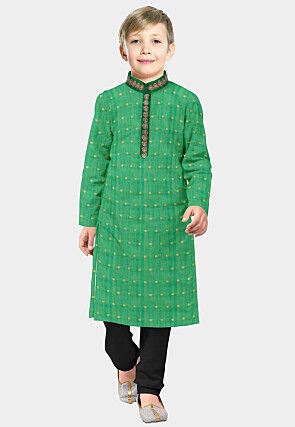 Woven Chanderi Silk Jacquard Kurta Set in Green