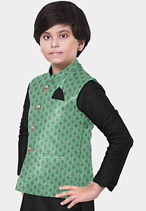 Woven Art Chanderi Silk Jacquard Nehru Jacket in Teal Green