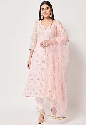 Woven Art Chanderi Silk Jacquard Pakistani Suit in Light Pink