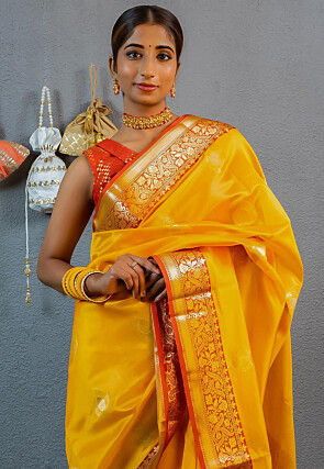 Woven Chanderi Silk Saree in Mustard