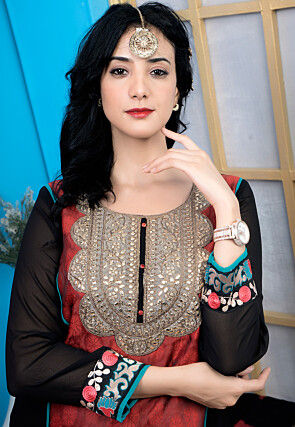 Woven Art Chanderi Silk Straight Kurta in Red