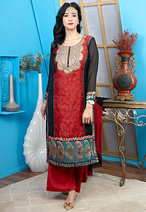 Woven Art Chanderi Silk Straight Kurta Set in Red