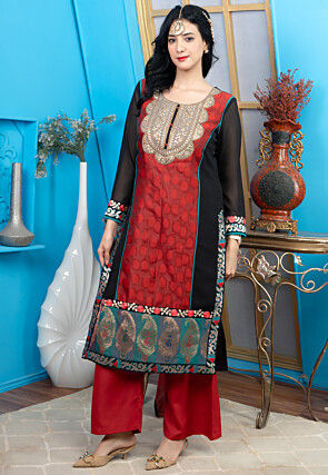 Woven Art Chanderi Silk Straight Kurta Set in Red