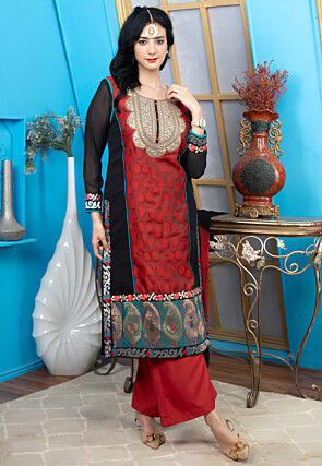 Woven Art Chanderi Silk Straight Kurta Set in Red