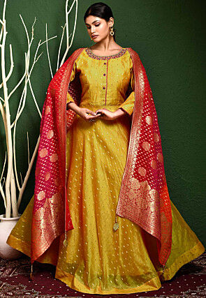 Woven Art Chandrei Silk Jacquard Abaya Style Suit in Mustard