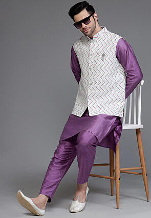 Woven Art Dupion Silk Kurta Jacket Set in Purple and Off White