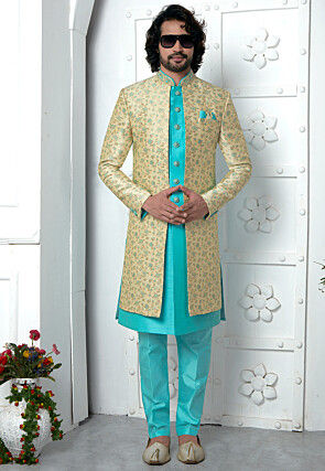 Woven Art Jacquard Silk Layered Sherwani in Beige and Turquoise