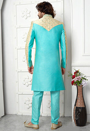 Woven Art Jacquard Silk Layered Sherwani in Beige and Turquoise