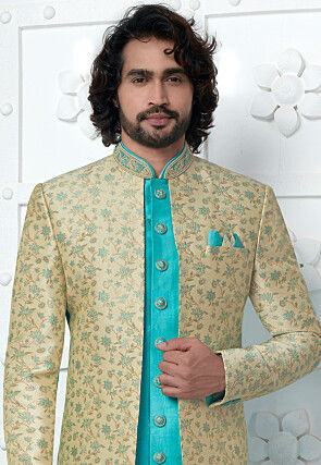 Woven Art Jacquard Silk Layered Sherwani in Beige and Turquoise