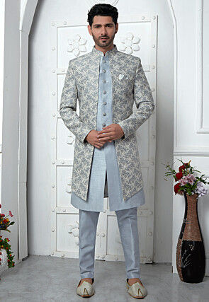 Woven Art Jacquard Silk Layered Sherwani in Grey