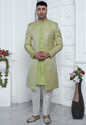 Woven Art Jacquard Silk Layered Sherwani in Light Green