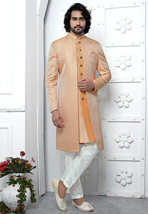 Woven Art Jacquard Silk Layered Sherwani in Orange