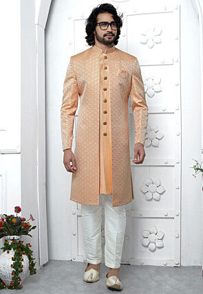 Woven Art Jacquard Silk Layered Sherwani in Orange