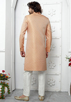 Woven Art Jacquard Silk Layered Sherwani in Orange