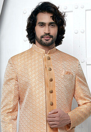 Woven Art Jacquard Silk Layered Sherwani in Orange
