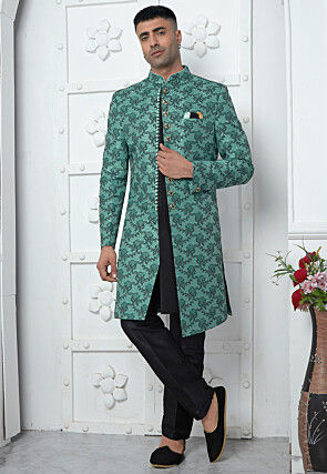 Woven Art Jacquard Silk Layered Sherwani in Teal Green and Black