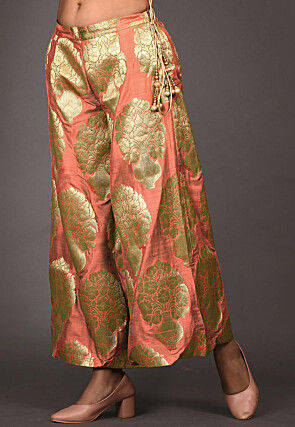 Woven Art Jacquard Silk Pallazo in Peach