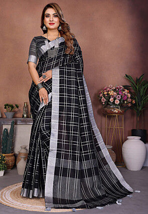 Woven Linen Saree in Black